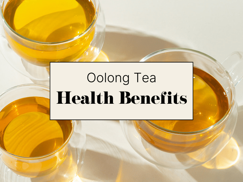 Oolong Tea Health Benefits Blog Banner featuring three teacups